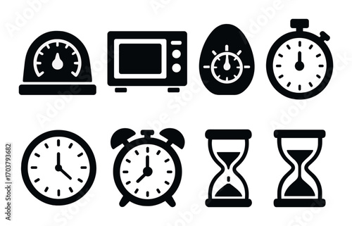 Black timer icon set: stopwatch, hourglass, clock, kitchen timer illustrations