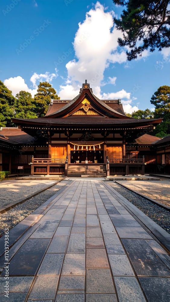 Fototapeta premium Ancient Japanese shrine under a sunny sky