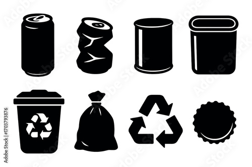 Black recycling icons: cans, bin, bag, and symbol silhouettes on dark background