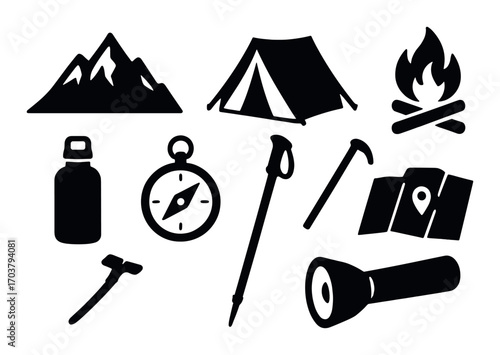 Silhouette icons of camping gear: tent, campfire, compass, water bottle, map, mountains