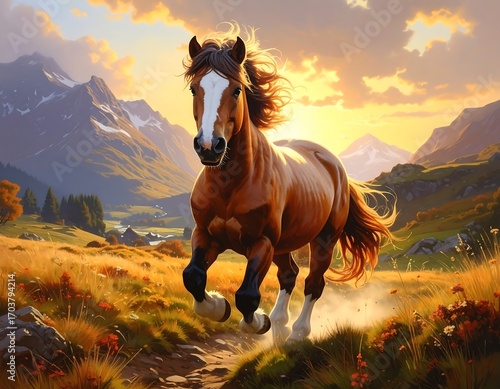 Magnificent chestnut horse galloping freely across golden meadow sunset view