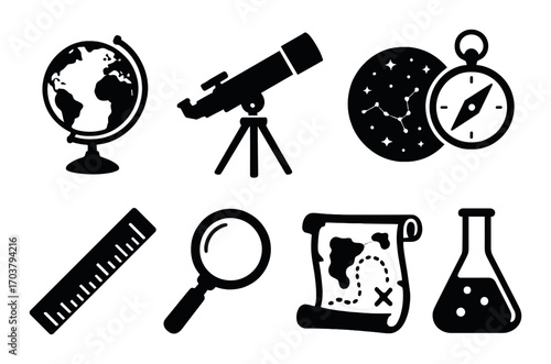 Black and white silhouettes of science tools including telescope and compass