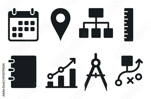 Dark minimal business icons set featuring graphs, calendar, map marker, and tools