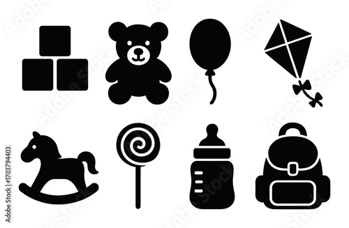 Silhouette icons: toys and baby items featuring teddy, kite, rocking horse, blocks, and more