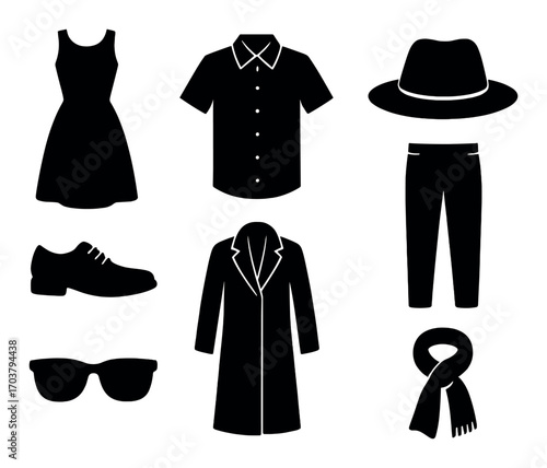 Silhouette icons of clothing and accessories: dress, shirt, hat, shoes, coat, pants, sunglasses, scarf