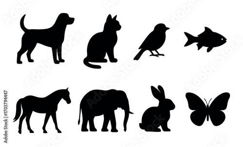 Silhouettes of various animals: dog, cat, bird, fish, horse, elephant, rabbit, butterfly