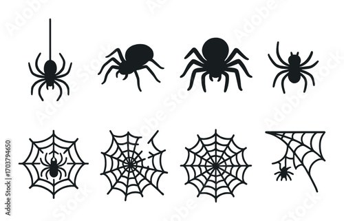 Collection of spider silhouettes and web designs on dark background