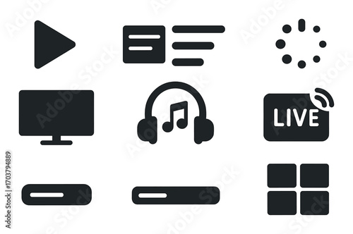 Minimalist black multimedia icons for music, video, and streaming services