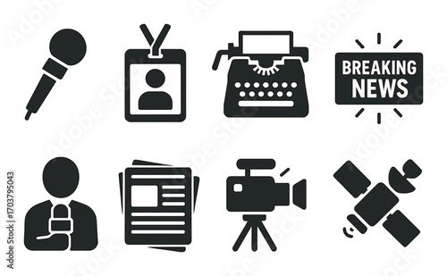 Journalism icons: microphone, id, typewriter, breaking news, reporter, articles, camera, satellite