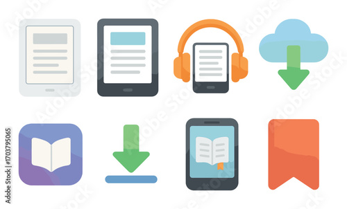 Digital reading icons: e-reader, audiobook, cloud download, bookmark symbols