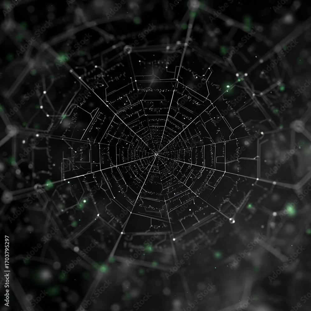 Obraz premium spider web digital network visualization with glowing nodes on dark background technology connection pattern