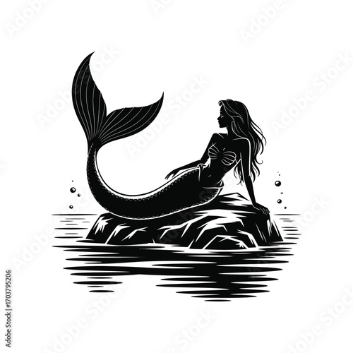 Serene Silhouette Illustration of a Mermaid Sitting on a Rock in the Water Against White