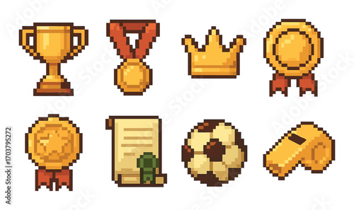 Pixel art trophies and awards icons with crown, medal, trophy, and whistle