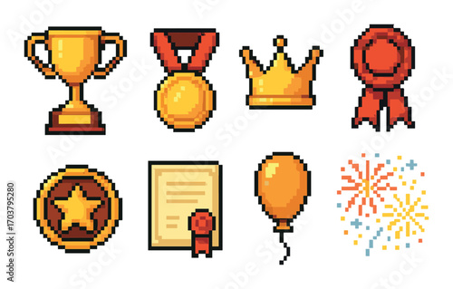 Pixel art icons of trophies, medals, and awards in vibrant colors
