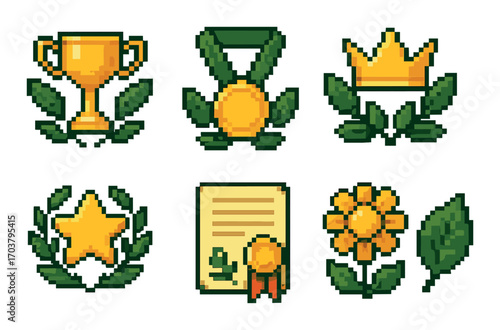 Pixel art trophy icons featuring awards, medals, and certificates on green background