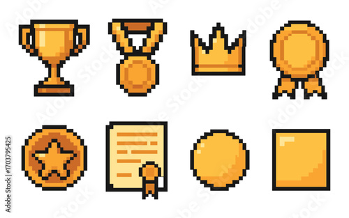 Pixelated gold set: trophy, medal, crown, ribbon, star, certificate, coins in 8-bit style