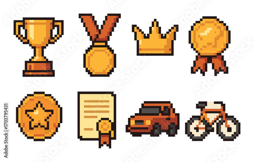 Retro pixel art icons featuring trophies, medals, crown, certificates, car, bicycle