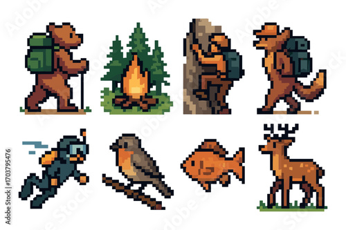 Pixel art wilderness adventure: wildlife, camping, and exploration