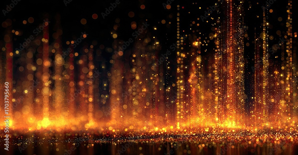 Fototapeta premium Golden, fiery particles fall on a dark surface
