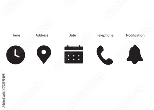 Vector set of five black icons representing time, address, date, telephone, and notification isolated on white background