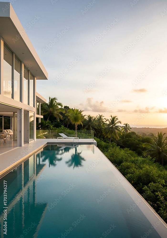 Fototapeta premium Modern Villa with Infinity Pool Overlooking Tropical Paradise at Sunset