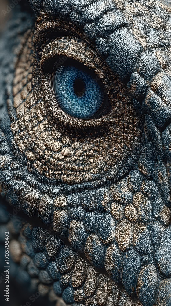 Fototapeta premium Close-up of a lizard's textured skin and striking blue eye in a natural setting during the day