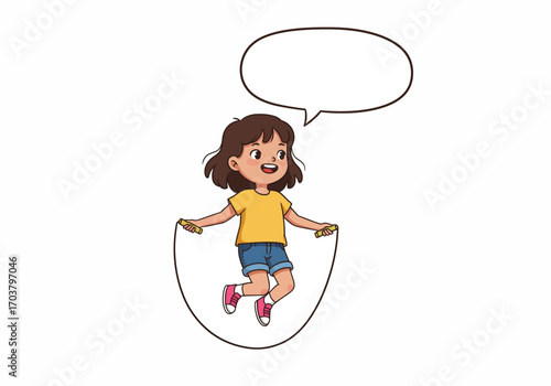 Cartoon Girl Skipping Rope with Speech Bubble Brown Hair Yellow Shirt Pink Shoes.