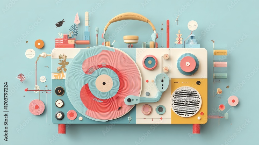 Obraz premium Surreal Music Creation, A contemporary artwork blending a frying pan and vinyl records against a blue backdrop, exploring themes of creativity and imagination in pop art style