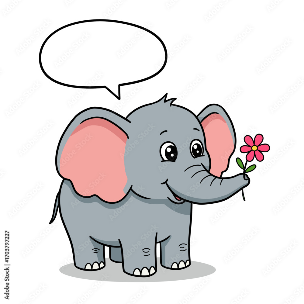 Fototapeta premium Cartoon Elephant Holding a Flower with Speech Bubble.