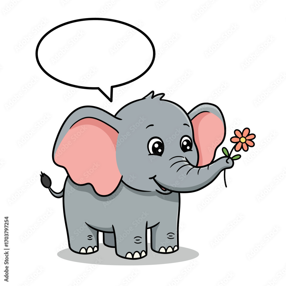 Naklejka premium Cartoon Elephant Holding Flower with Speech Bubble Above.