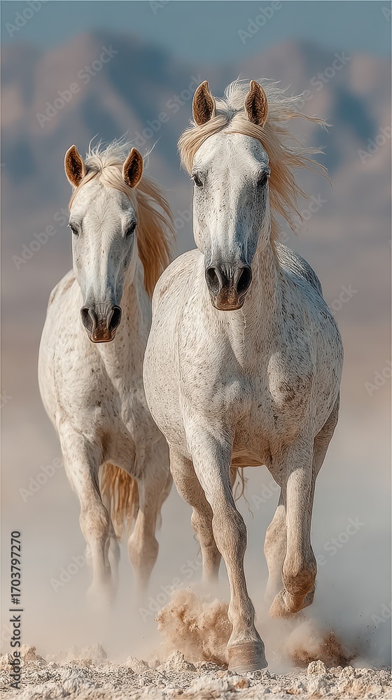 Obraz premium Two white horses galloping through desert landscape with mountains in the background during golden hour