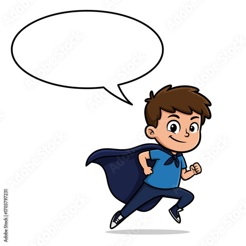 Cartoon Boy Superhero Running with Speech Bubble Above His Head.