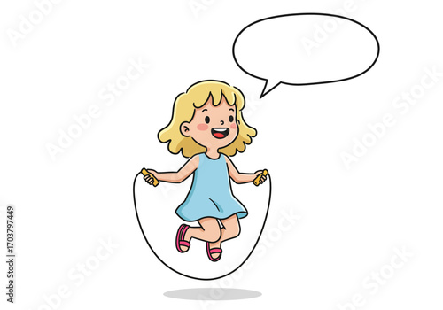 Cartoon Girl Skipping Rope with Speech Bubble Blonde Hair Blue Dress.