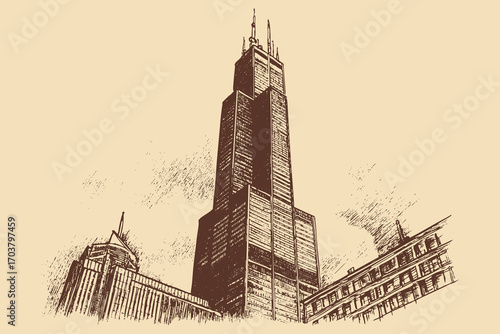 Willis Tower, Chicago illustration in a vintage style. This vector illustration can be used in any size you like for advertising, logos, and other work.