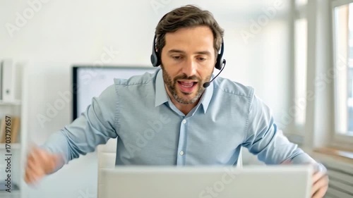 Business meeting remote screen digital concept with man using headset computer, expressing emotion and engaging online communication modern office