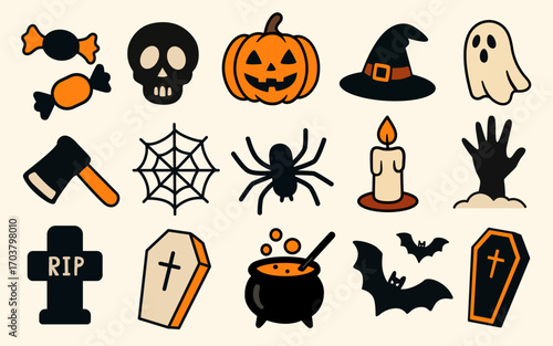 Halloween attributes illustrations set. Vector clipart collection. Cartoon items for Halloween. Icons and symbols