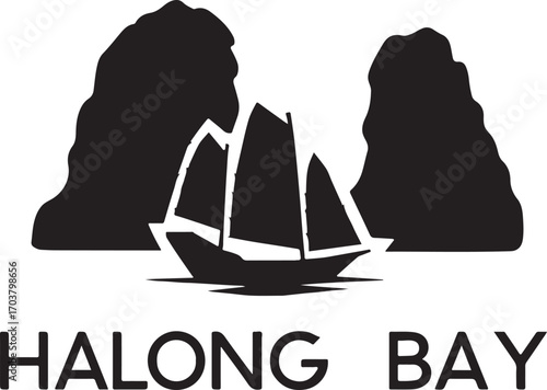 Halong Bay silhouette icon, scenic seascape vector design, EPS file for travel and nature.