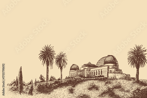 Griffith Observatory, Los Angeles illustration in a vintage style. This vector illustration can be used in any size you like for advertising, logos, and other work.