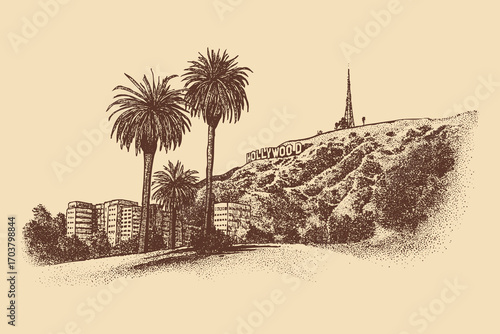 Hollywood Sign, LosAngeles illustration in a vintage style. This vector illustration can be used in any size you like for advertising, logos, and other work.