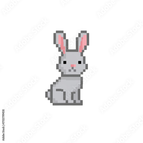 Gray pixel art rabbit sitting upright on transparent background with pink ears and nose