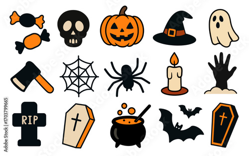Halloween attributes illustrations set. Cartoon clipart collection. Items for Halloween. Icons and symbols