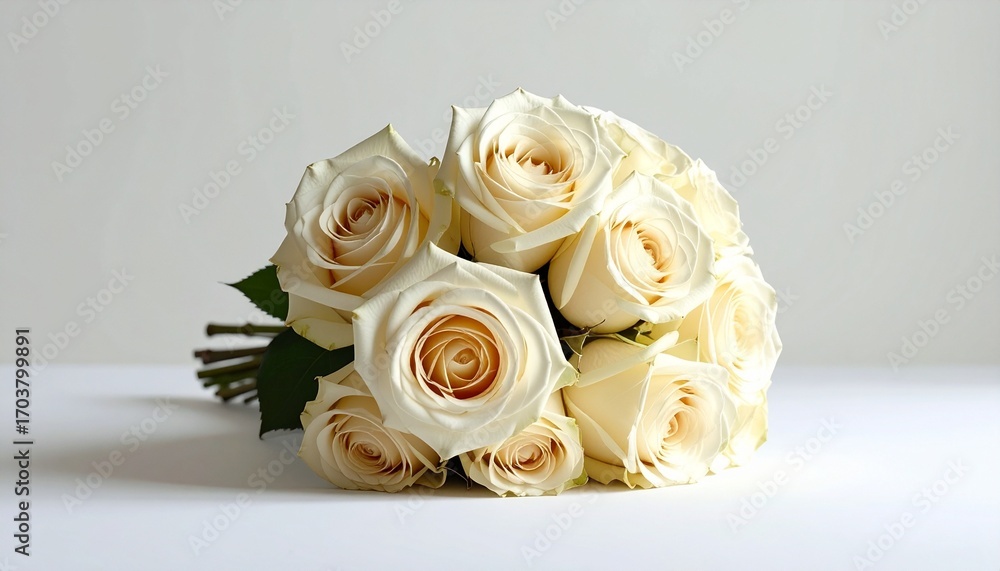 Obraz premium Cream rose bouquet with white filler flowers and green leaves, tied with white ribbon on plain background.