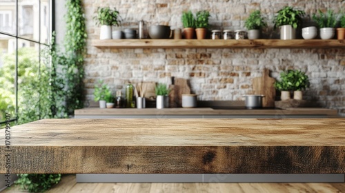 Rustic kitchen countertop, featuring a large, light-brown wooden surface in front of a brick wall, with shelves holding plants and kitchenware, and a view through a window