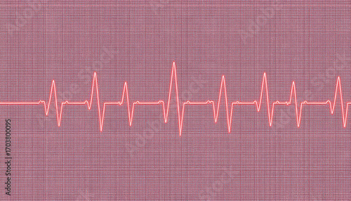 Closeup view of a red electrocardiogram ecg waveform on a grid background, representing a heartbeat and cardiac activity