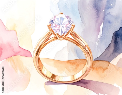 Watercolor illustration of a solitaire diamond ring, gold band,  pastel backdrop