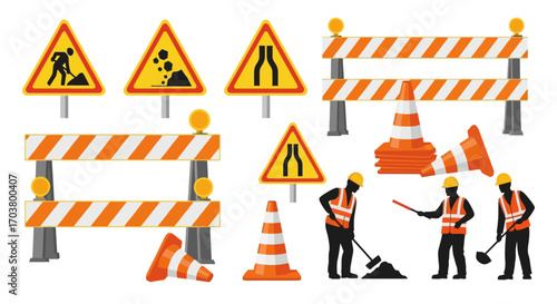 Construction warning sign on the road for a work site with a traffic cone and a barrier symbolizing repair and under construction