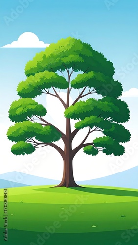 Lush green tree on a grassy hill under a clear sky