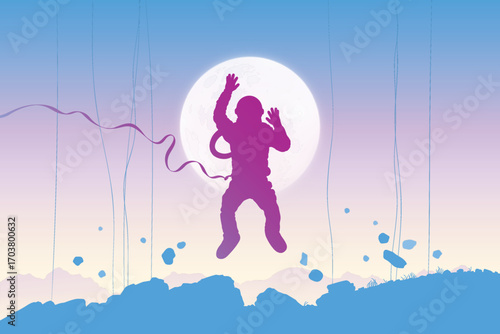 Flying astronaut. Cosmonaut silhouette. Sci Fi. Zero gravity