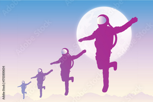 Astronaut team. Four men in space suits. Flying cosmonaut silhouette