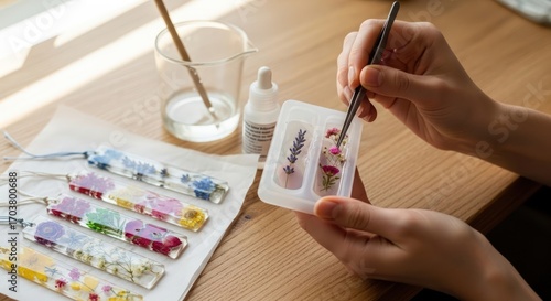 Close-up of hands crafting resin keychains with dried flowers using a silicone mold and tweezers on a wooden table.